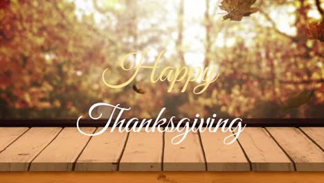 Animation-of-happy-thanksgiving-text-over-leaves-falling-and-landscape