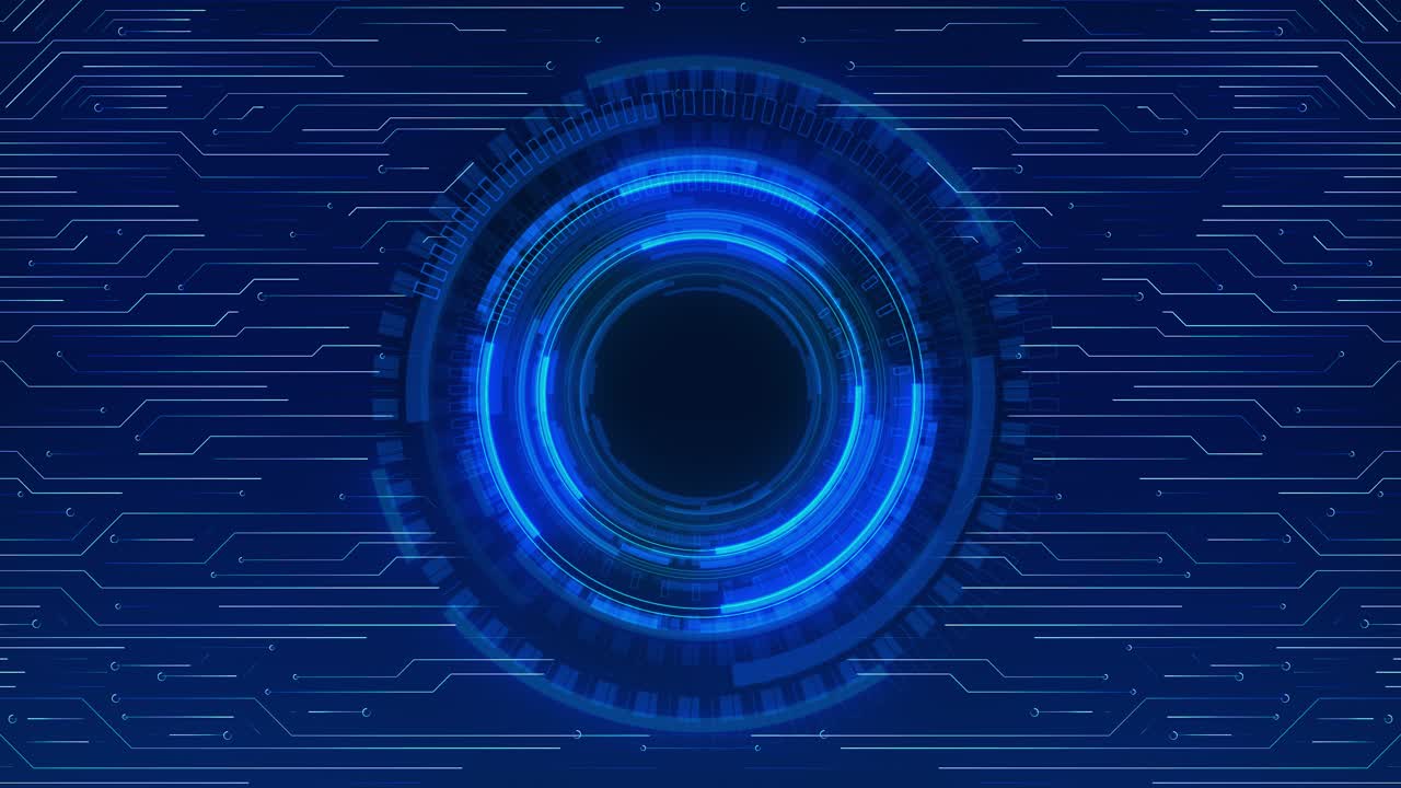 Hightech animation glowing blue digital round hud fused with circuit patterns for technology