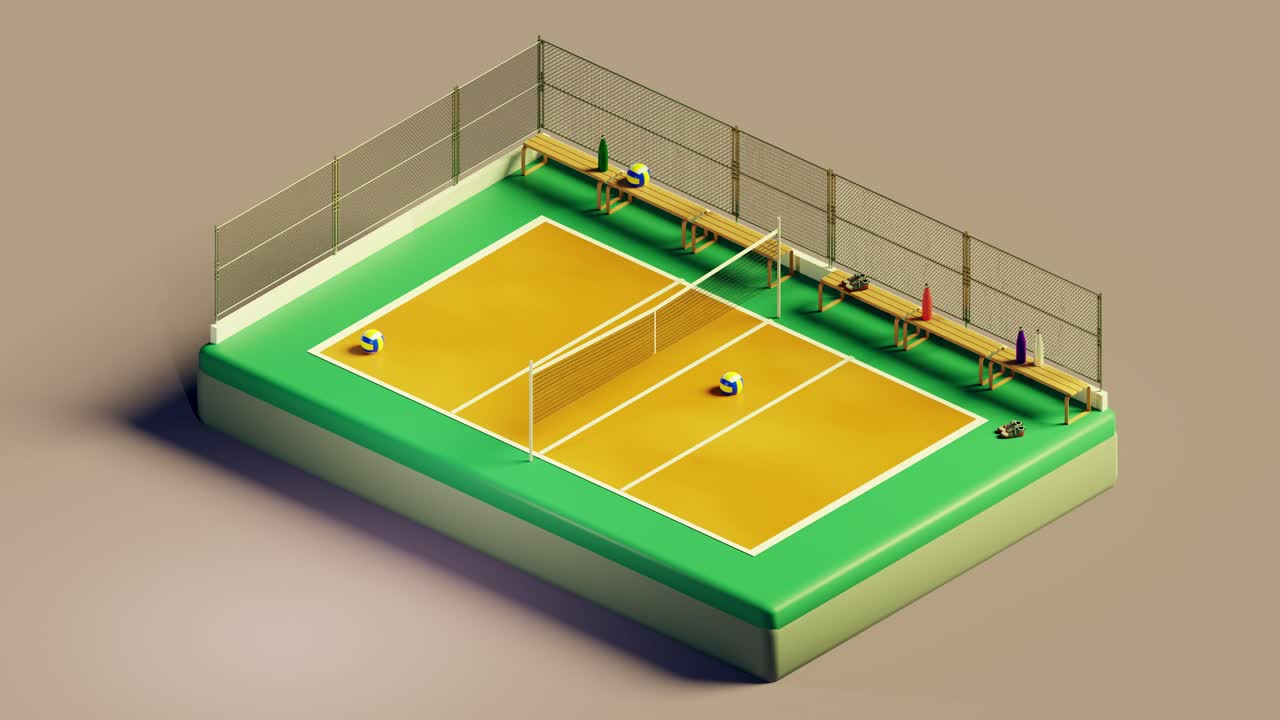 3D isometric loop of volleyball court with net and balls