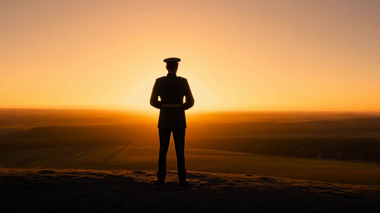 Silhueta contraluz permanece ereta com as mãos na altura da cintura, enquanto o ponto de vista se alarga gradualmente, revelando mais terreno sombrio sob um céu dourado quente e o sol baixo no horizonte