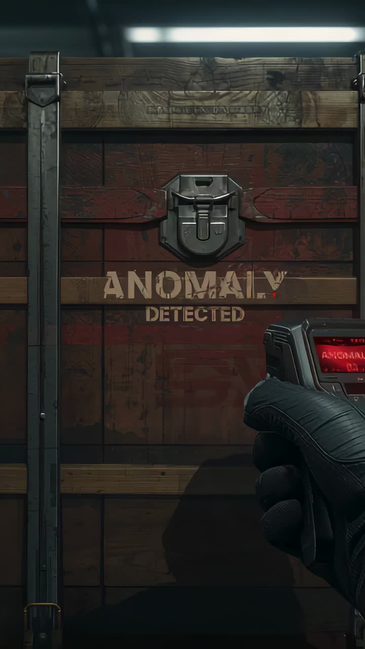 Vertical video: Entering with laser, gloved hand scanning crate in bay, confirming ANOMALY DETECTED
