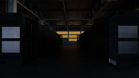 symmetrical view of server aisle in modern data center with industrial ceiling and warm yellow lighting. rows of open and closed server cabinets line the corridor.
