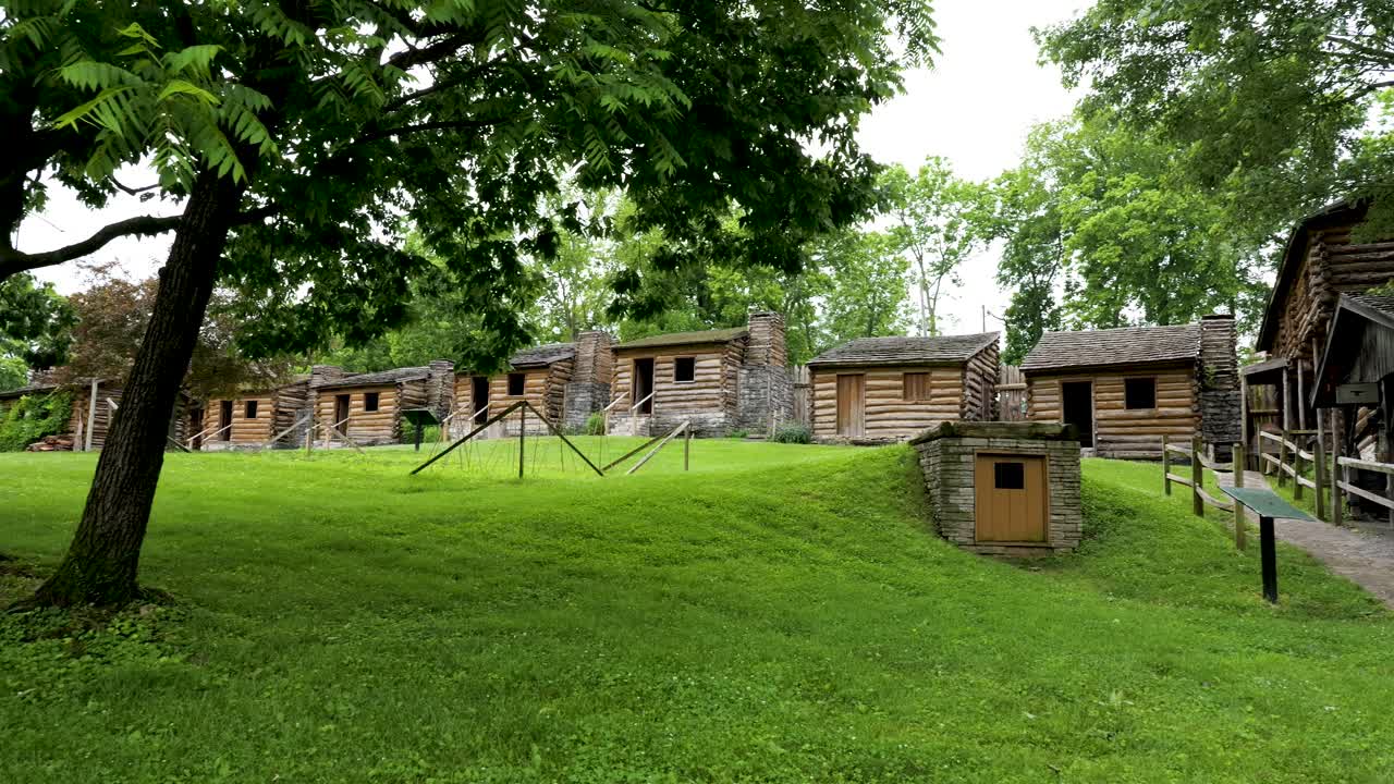 Cabins and grounds at Fort Harrod State Park in Harrodsburg, Kentucky which is a recreation of the original fort built in the 1770s.
