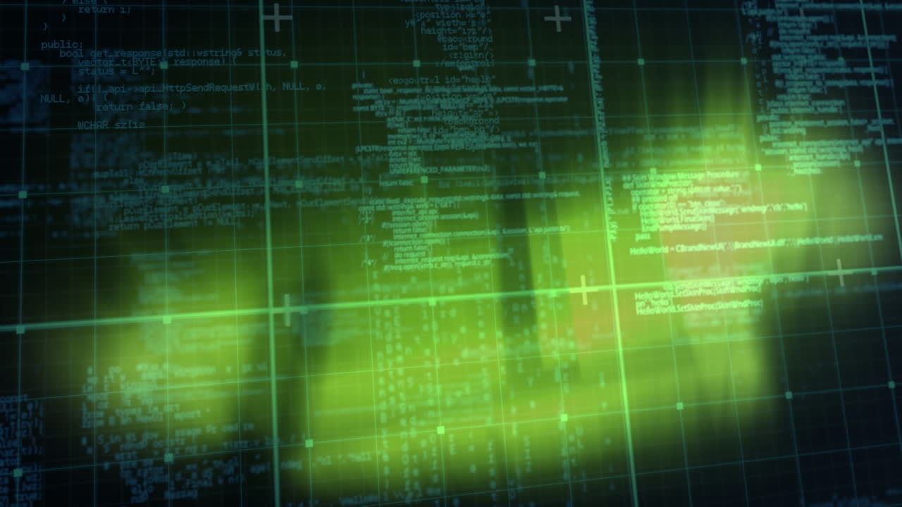 Animation of light spots and data processing on black background