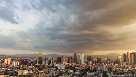 hyperlapse top view flies over business, industrial and financial district of mexico city, with skyscrapers of paseo de la reforma, on a dramatic cloudy day during the golden hour before sunset