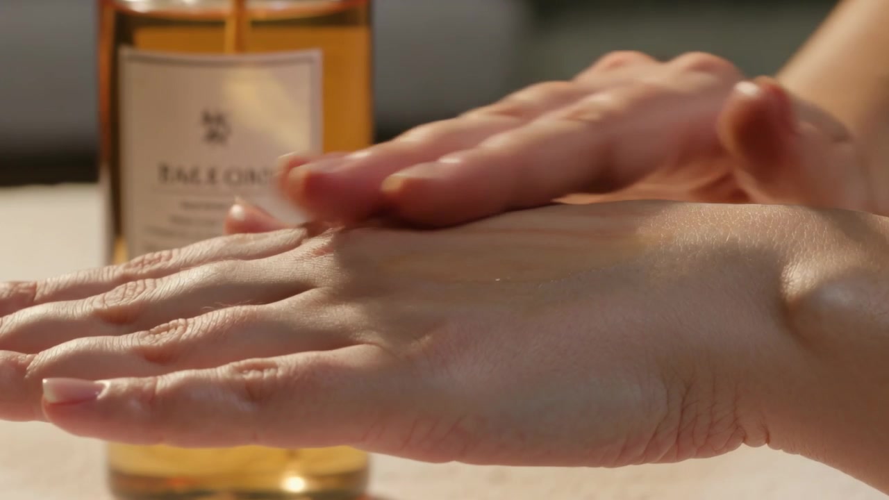 Liberando aceite de un gotero con una botella ámbar detrás, manos de adulto masajeando sobre una mesa, hidratando la piel.