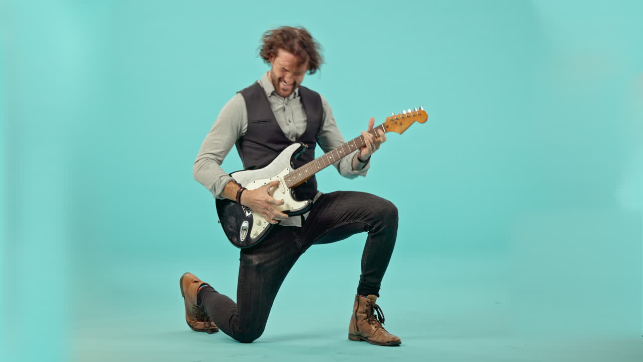 rock, música y guitarra con un hombre en el estudio