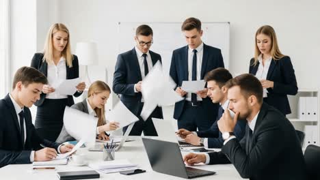 a team of professionals collaborating in a modern office environment, analyzing documents and engaging in strategic discussions