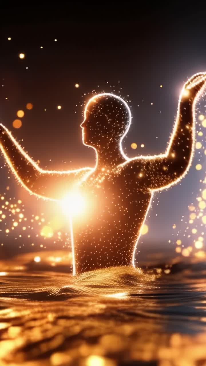 A mesmerizing transformation of a radiant silhouette, sparkling with ethereal lights and colors, symbolizing a journey of enlightenment and energy