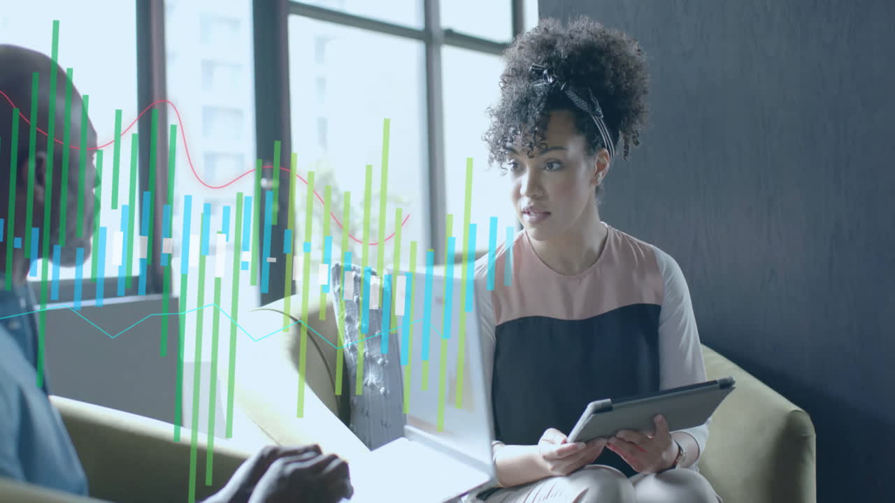Animation of financial data processing over diverse business people in office