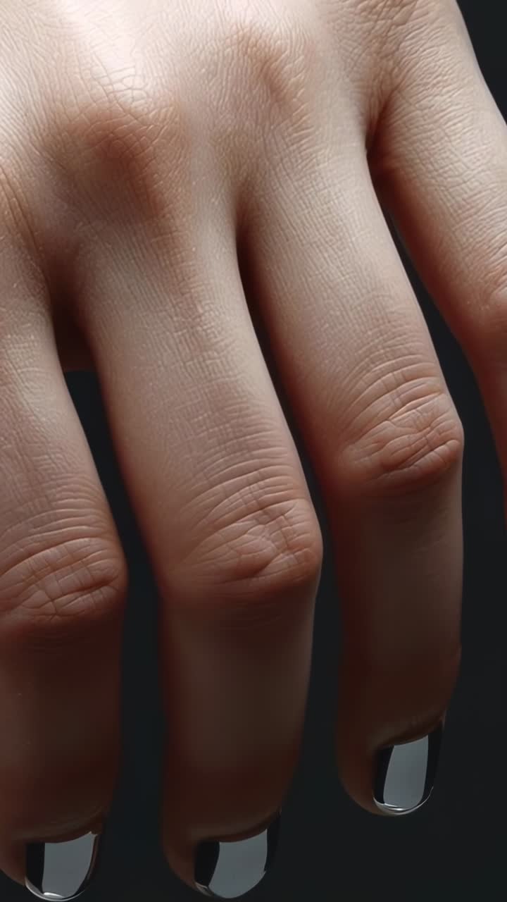 Video verticale: mano di adulto in movimento che si flette in studio mentre una luce soffusa si sposta, mettendo in mostra unghie cromate