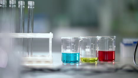 laboratory glassware in chemical lab. chemical liquids in laboratory flasks