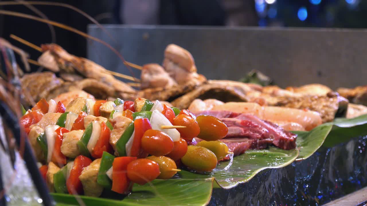 Close Shot of Kebab Skewers on Ice in BBQ Restaurant