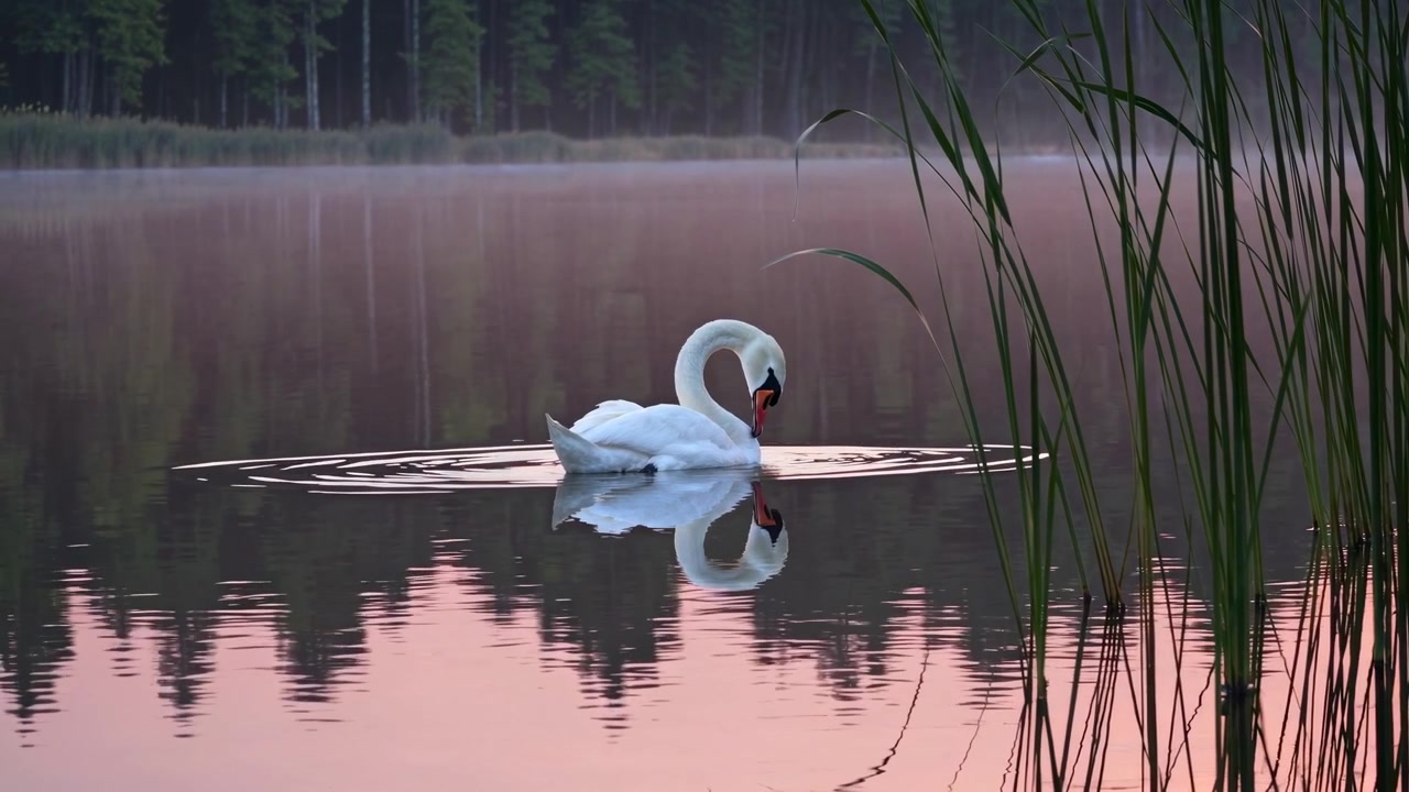 Vit svan som simmar på en lugn dimmig sjö vid soluppgången