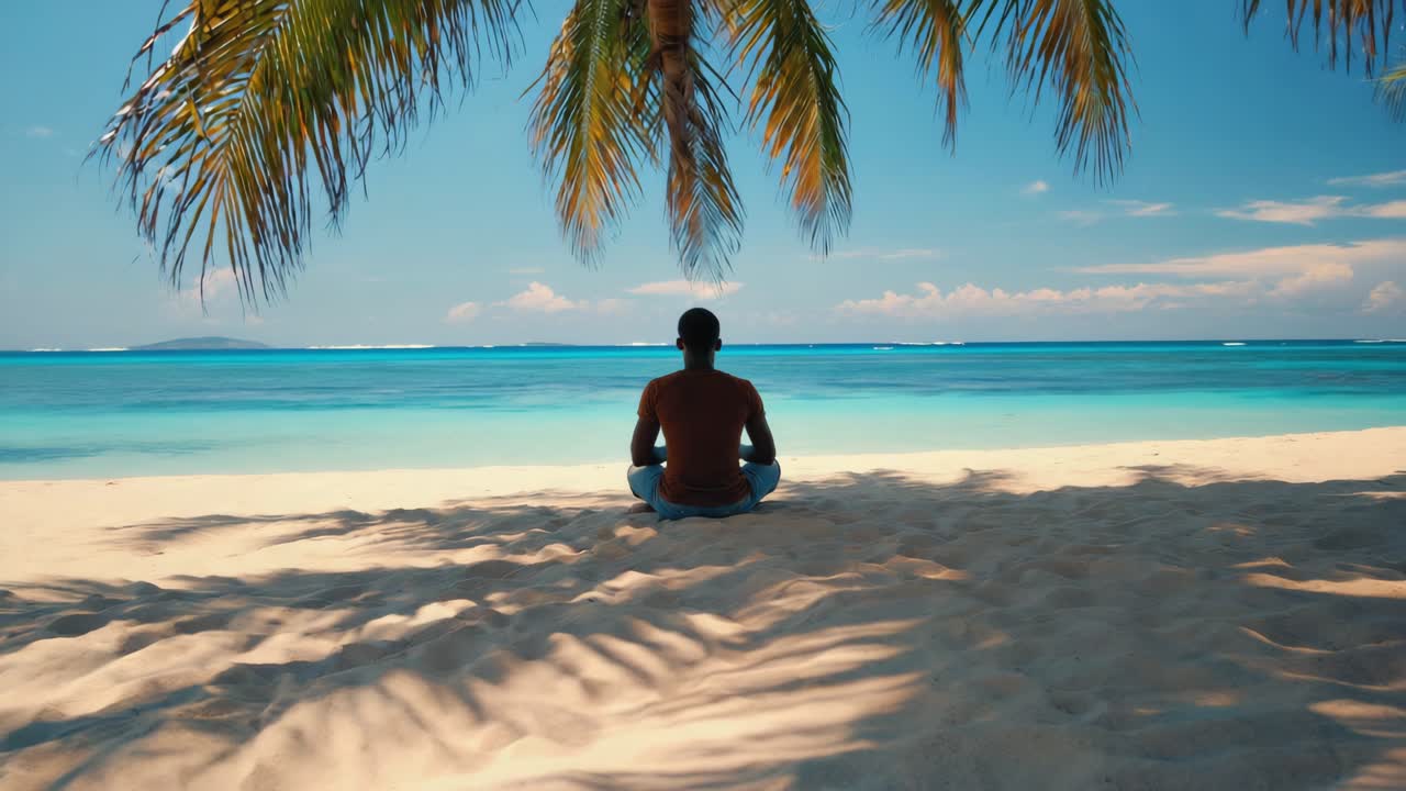 Man meditating on a tropical beach