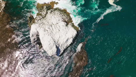 big stone peeping from the blue water. white foamy waves crushing by the rock on sunny daytime. bird's eye view.