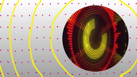 animación de formas abstractas y puntos rojos sobre un fondo giratorio de neón brillante