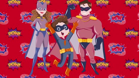 animation of illustration of wow pow text with happy superhero parents and son on red background