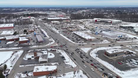 aerial of peach street in the winter in erie, pennsylvania.