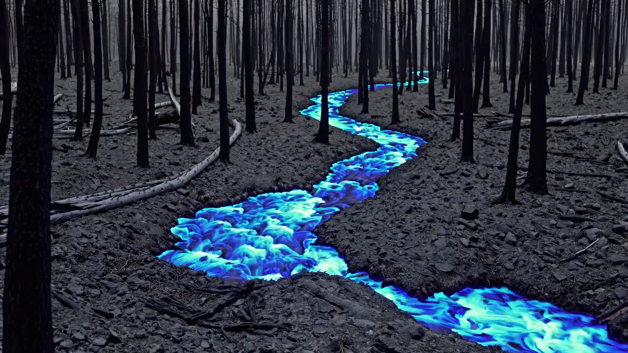 un río azul brillante en un bosque quemado