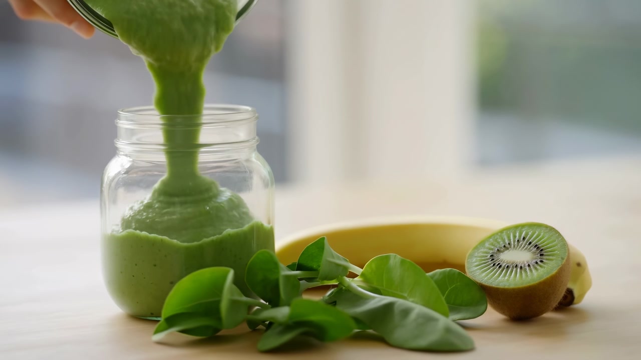 Frullato verde versato in un barattolo, kiwi e spinaci accanto su un tagliere di legno, mano che versa la miscela cremosa e vibrante.