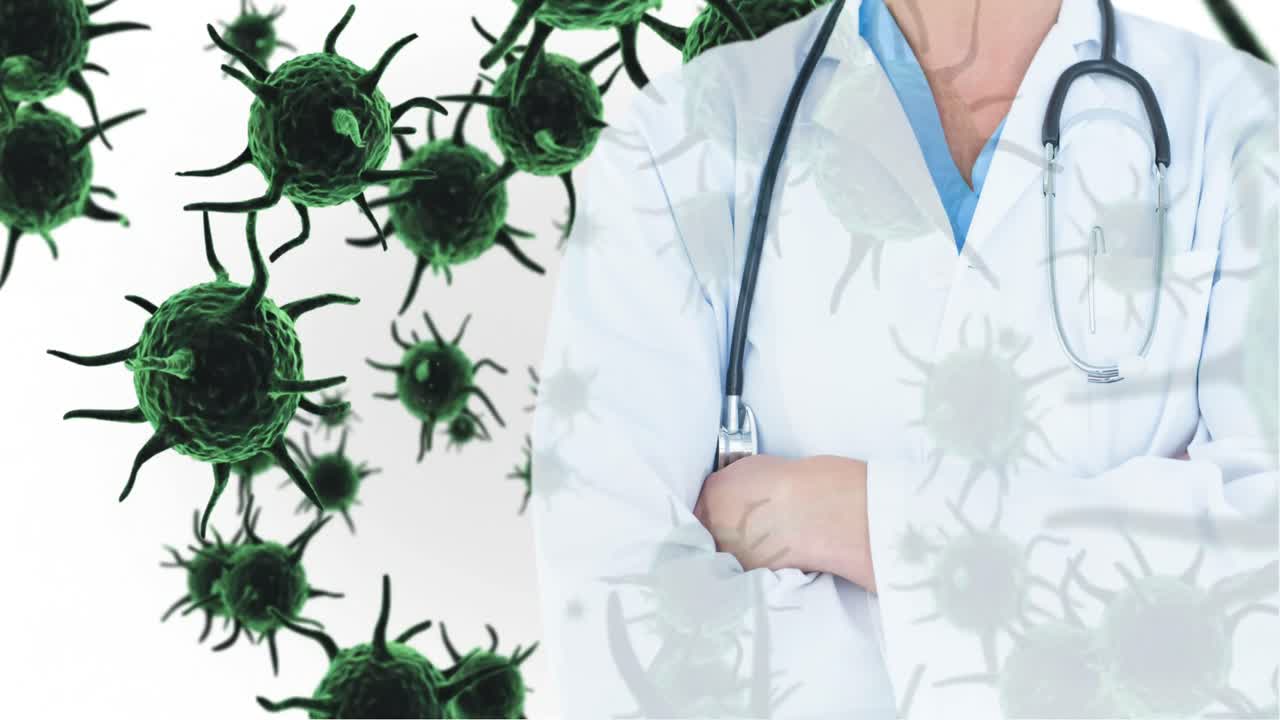 el médico de pie contra las células de bacterias verdes 4k