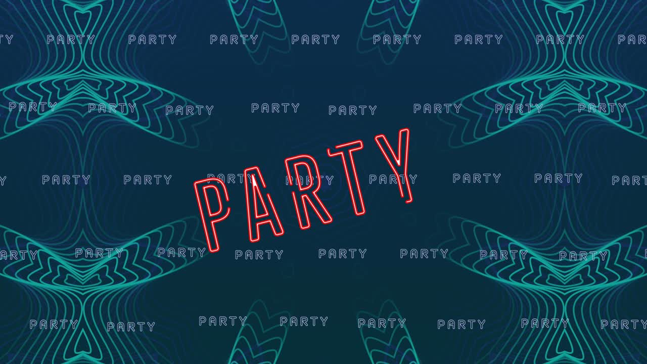 파티 네온 텍스트의 애니메이션이 파란 패턴 위에 반복됩니다.