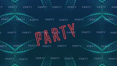 animation of party neon text in repetition over blue pattern