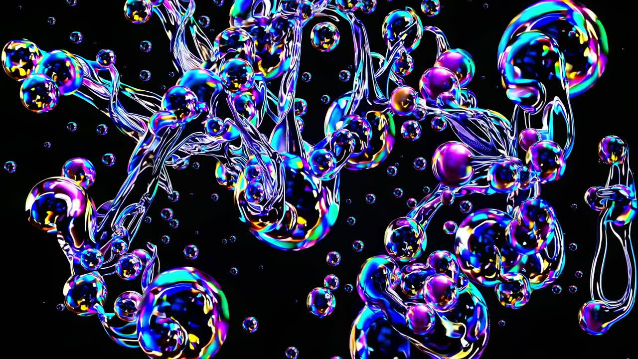 Iridescent liquid bubbles intertwine in an abstract pattern against a black background creating a sense of fluid motion and vibrant color contrast
