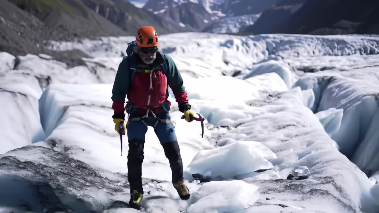 A climber navigates a glacier wearing an orange helmet and carrying ice tools. The backdrop features majestic mountains and clear blue skies, showcasing the beauty of the natural landscape.