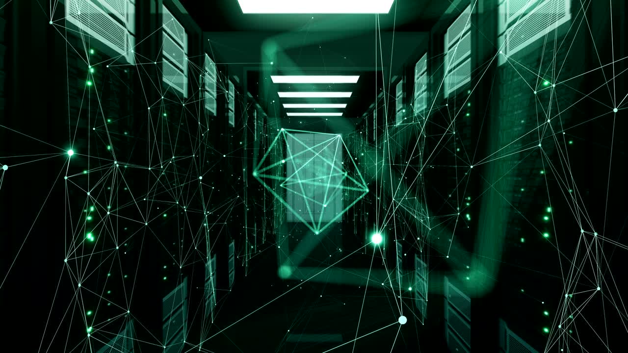 conexiones de red caóticas estableciendo y rompiendo volando en la sala de racks de servidores de centros de datos abstractos. animación en bucle 3d. concepto de tecnología digital futurista.