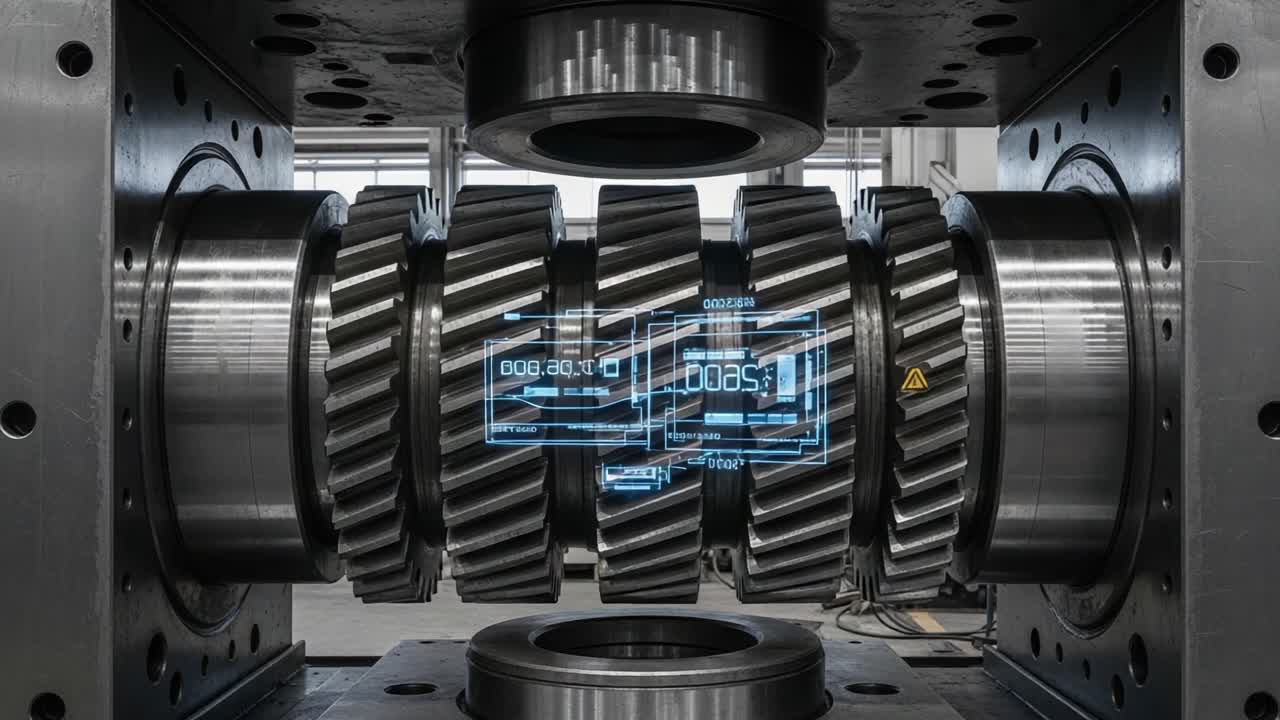 High-Precision Manufacturing Process Showcasing Gear Mechanism in Action with Advanced Digital Interface, Demonstrating Mechanical Engineering at its Finest