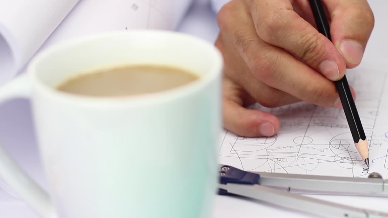 arquitecto trabajando dibujando en un proyecto con café