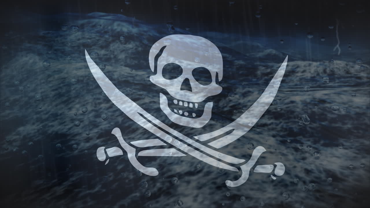 Animation of pirates flag over sea and storm