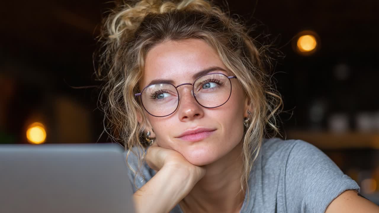 A Contemplative Moment: A Young Woman Lost in Thought While Working on Her Laptop in a Cozy Café Setting