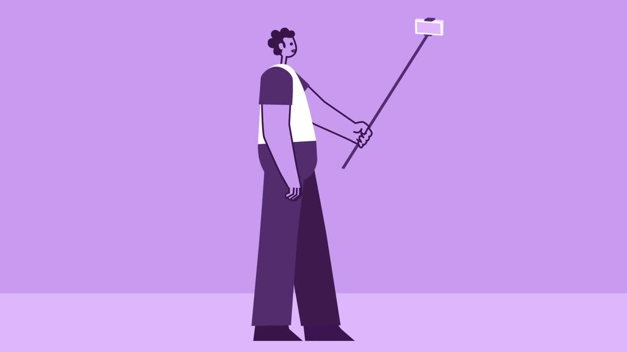 보라색 스타일의 남자: 셀피 스틱으로 는 평평한 캐릭터, 알파 채널과 함께 고립된 루프 애니메이션