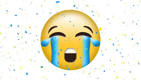 animation of cry emoji icon over falling confetti on white background