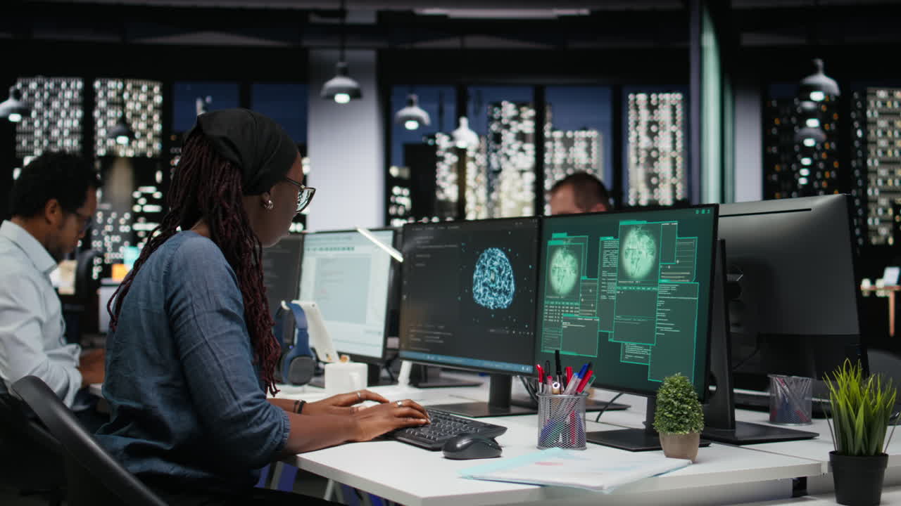 Female Programmer Reacts to System Hacked Alert in Modern Office