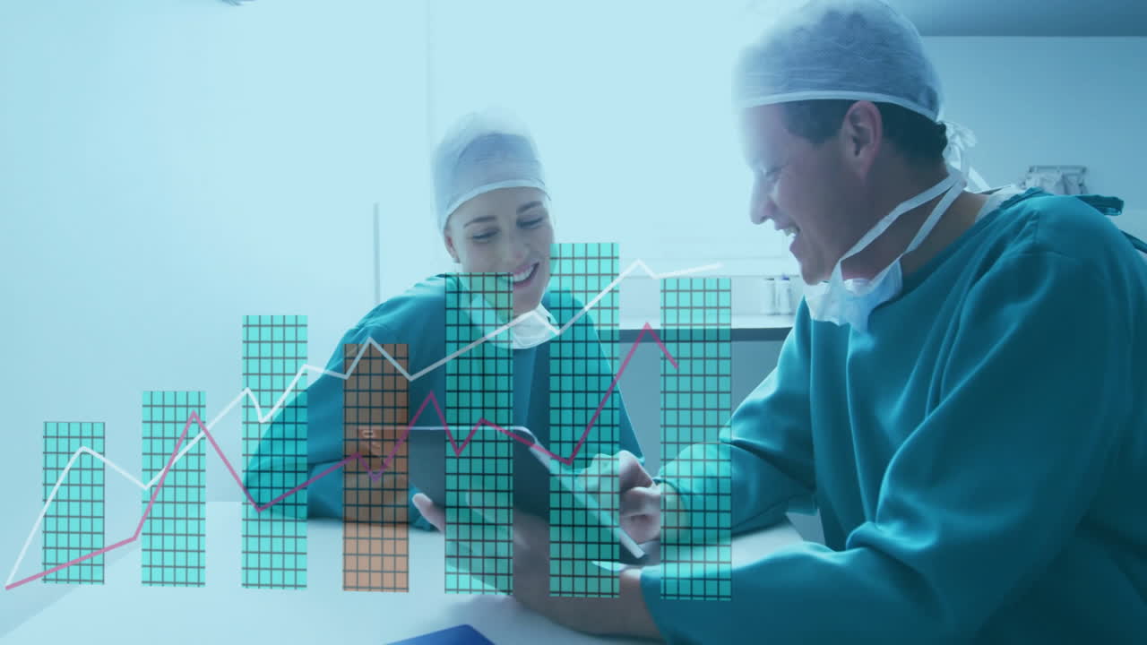 Animatie van gegevensverwerking en diagrammen over Kaukasische artsen die praten in een ziekenhuis