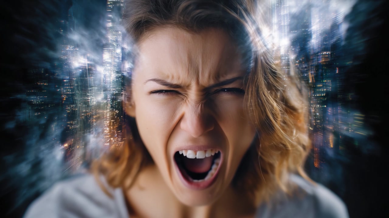Emozione espressiva in ambiente urbano: una donna che urla per la frustrazione contro uno sfondo di luci della città ed elementi astratti che rappresentano il tumulto interiore.