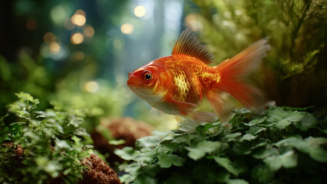 Um vislumbre da vida aquática: close-up cativante de um peixinho dourado vibrante nadando em meio à vegetação verde exuberante e bolhas cintilantes em um habitat subaquático sereno