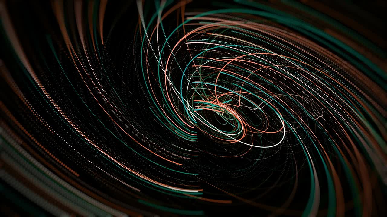Spiral swirl of neon lines on black background. Animation. Neon lines move at speed creating spiral. Effect of neon spiral of swirling lines