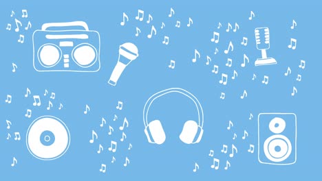 Loopable-animation-of-music-equipment-surrounded-by-musical-notes-on-a-blue-background