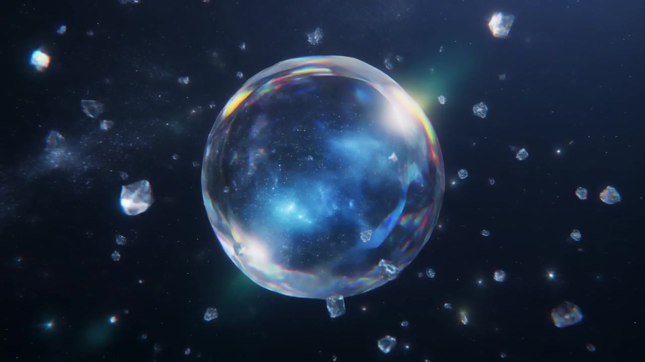 Sfera Luminosa Astratta che Fluttua nello Spazio Profondo con Detriti Fluttuanti