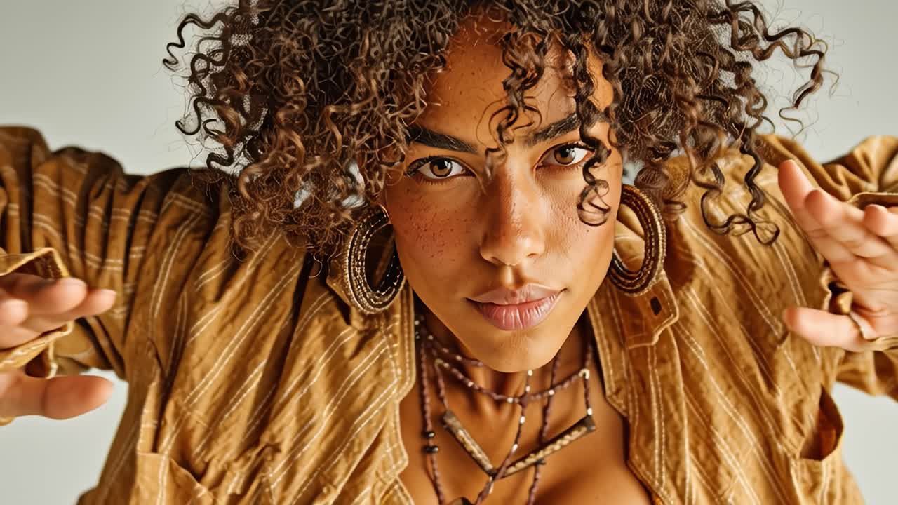 Young model posing with hands outstretched in slow motion