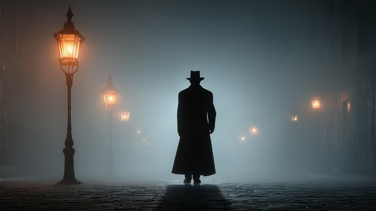 A Mysterious Figure in a Long Coat Walking Through a Foggy Street Illuminated by Lanterns, Evoking a Sense of Suspense and Intrigue