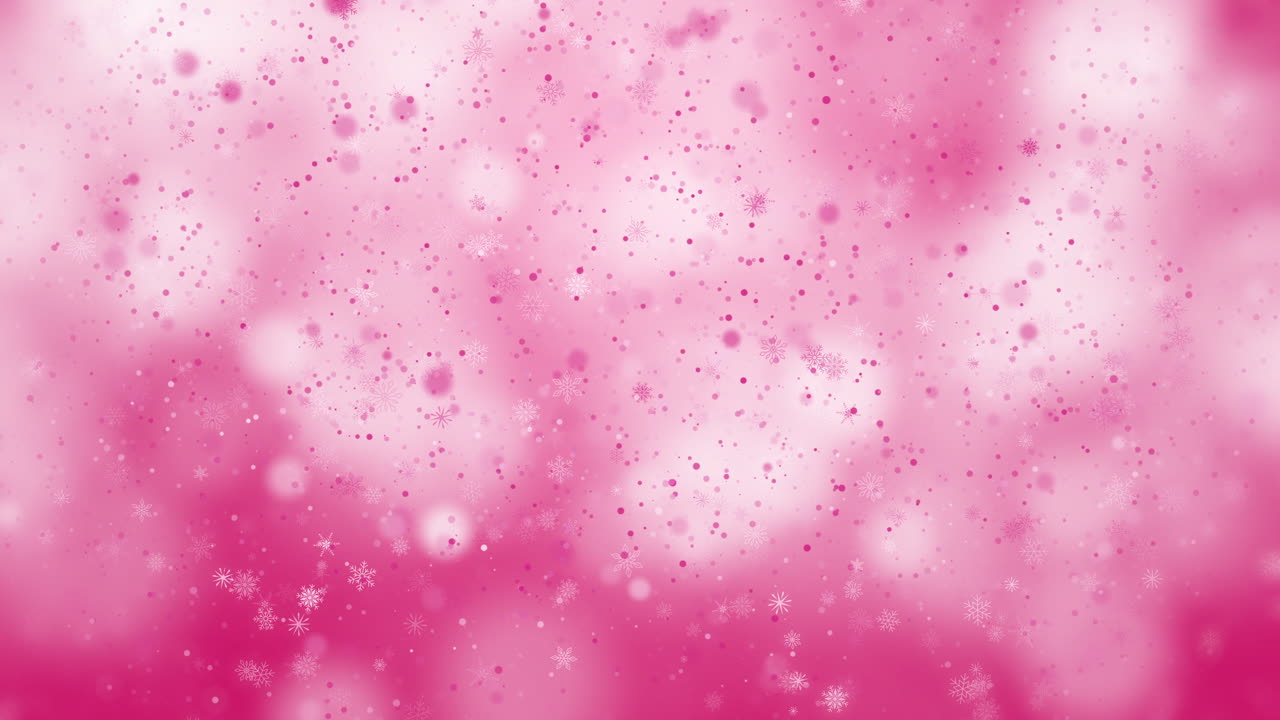Bright pink background with confetti of glitter particles and snowflakes. Party pattern. Light spots. Loop animation.
