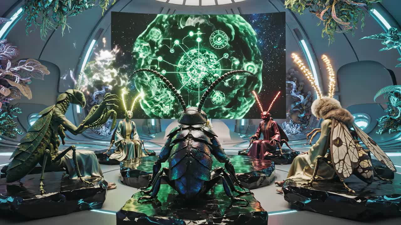A Meeting of Insectoid Aliens in a Futuristic Setting