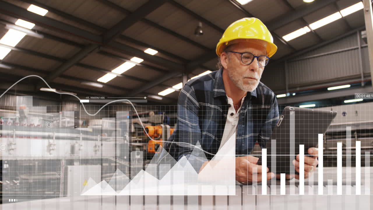 animación de estadísticas y procesamiento de datos sobre ingeniero caucásico masculino usando tableta
