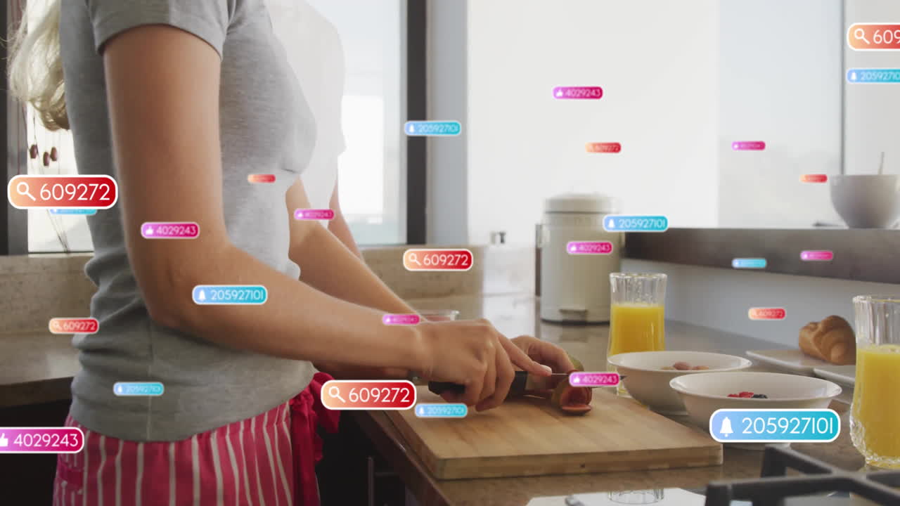 woman slicing fruit on wooden cutting board in kitchen, showing food tech data labels and icons